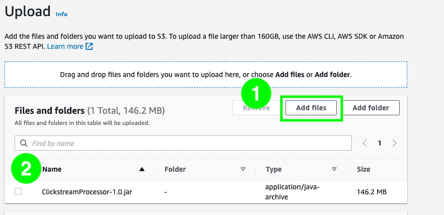 'Add files' button to select and upload local files to the S3 bucket