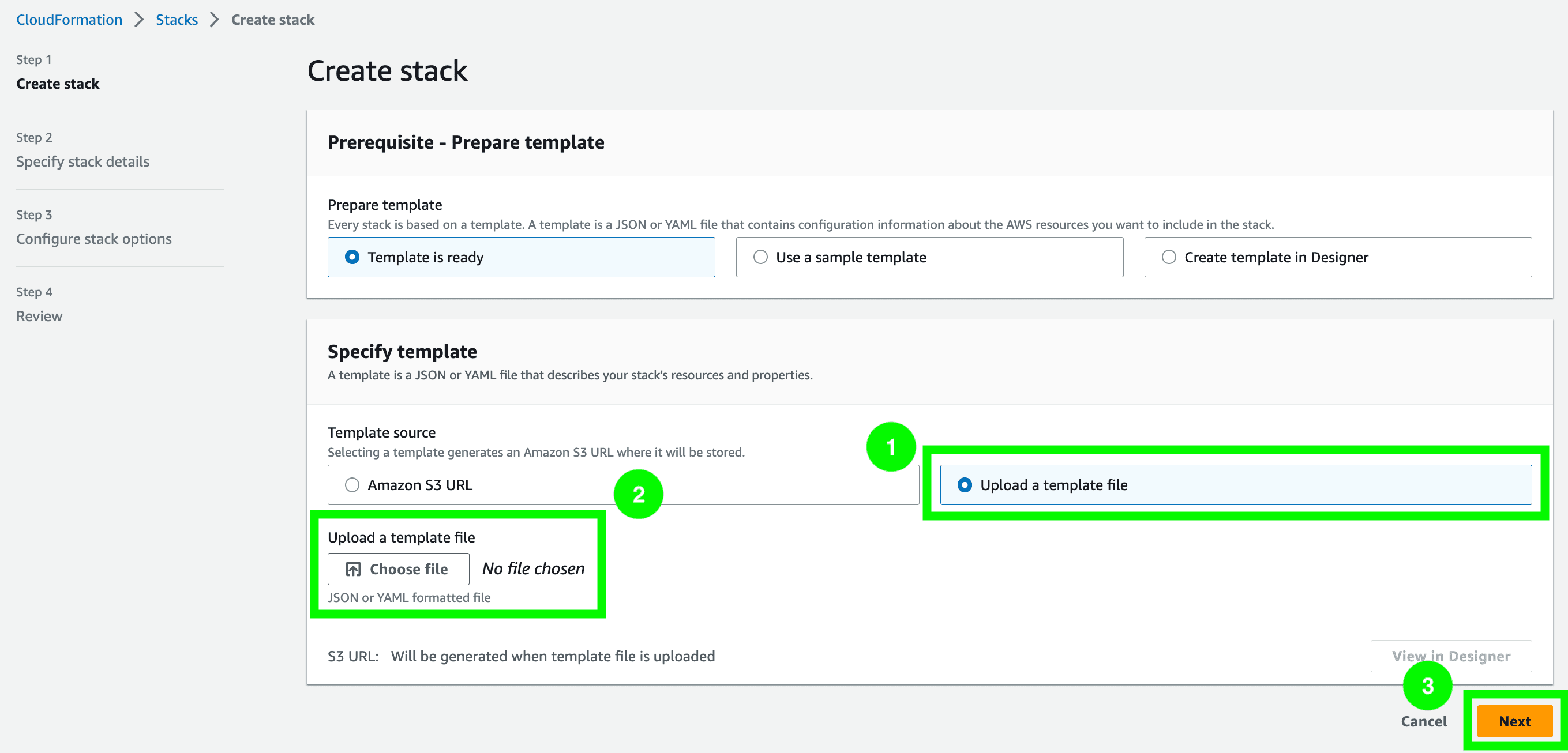 'Create stack' view inside the CloudFormation console