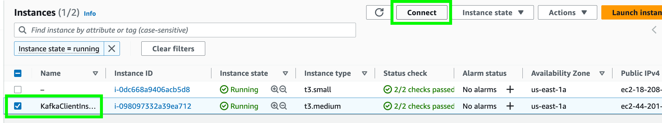 'Connect' button within the EC2 instances view
