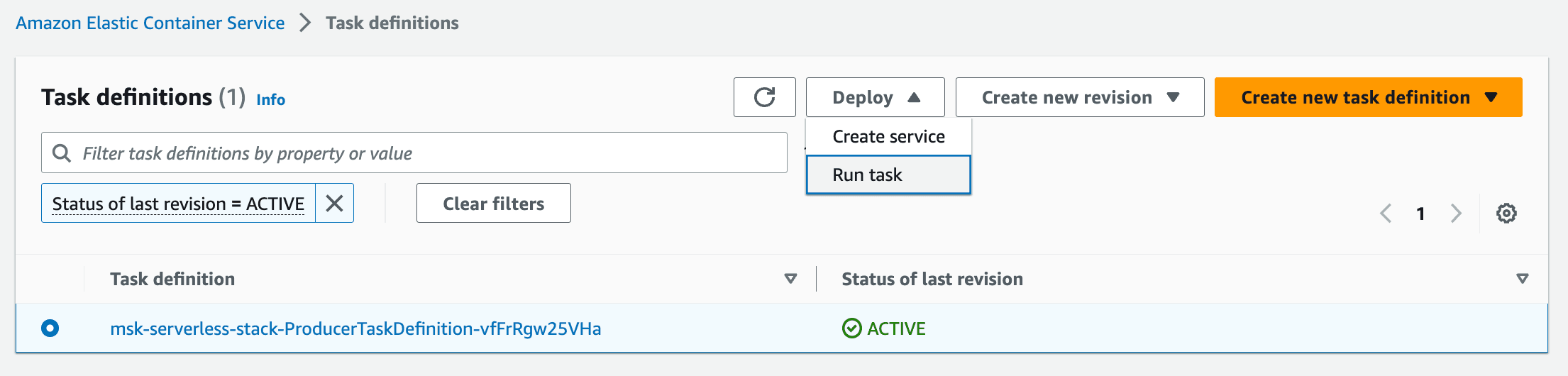 'Run task' option within the Task definitions in the ECS console