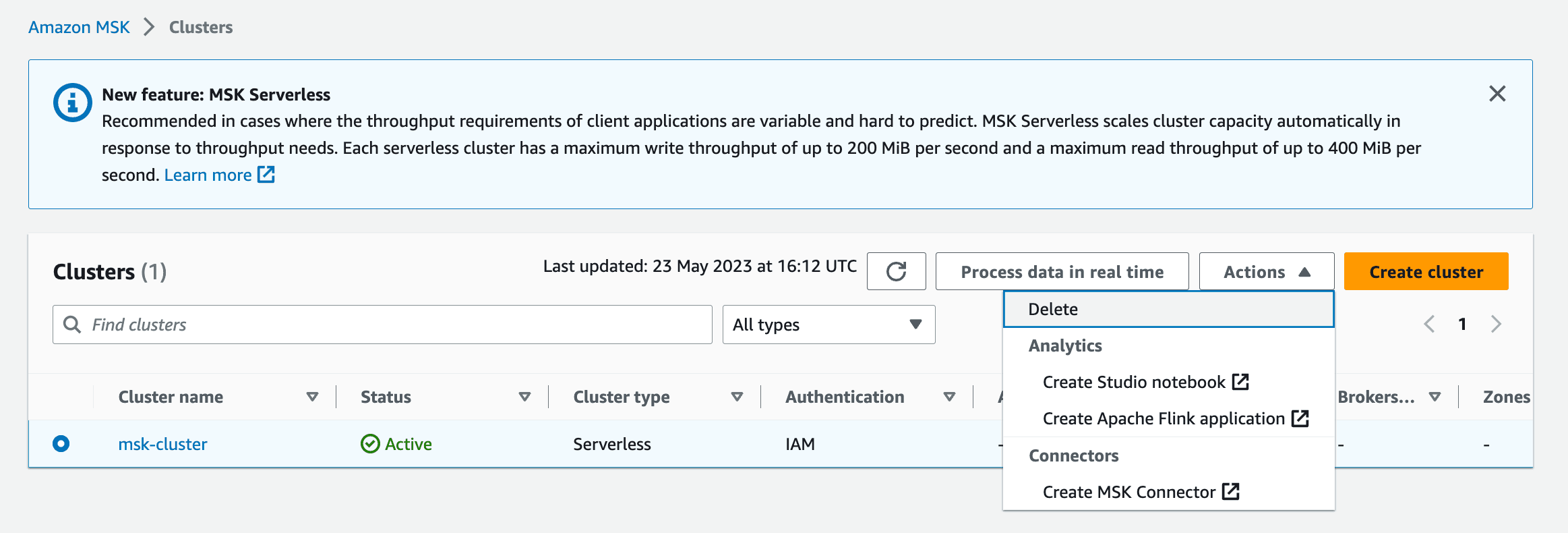 'Delete' under 'Actions' in the MSK console