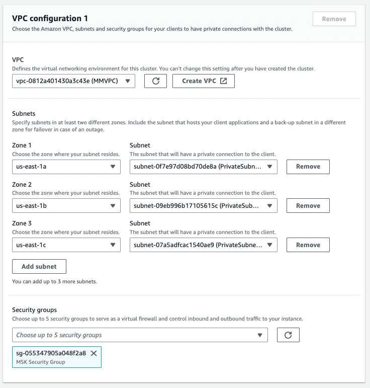 'Networking Settings' as part of 'Create Cluster' view within the Amazon MSK console