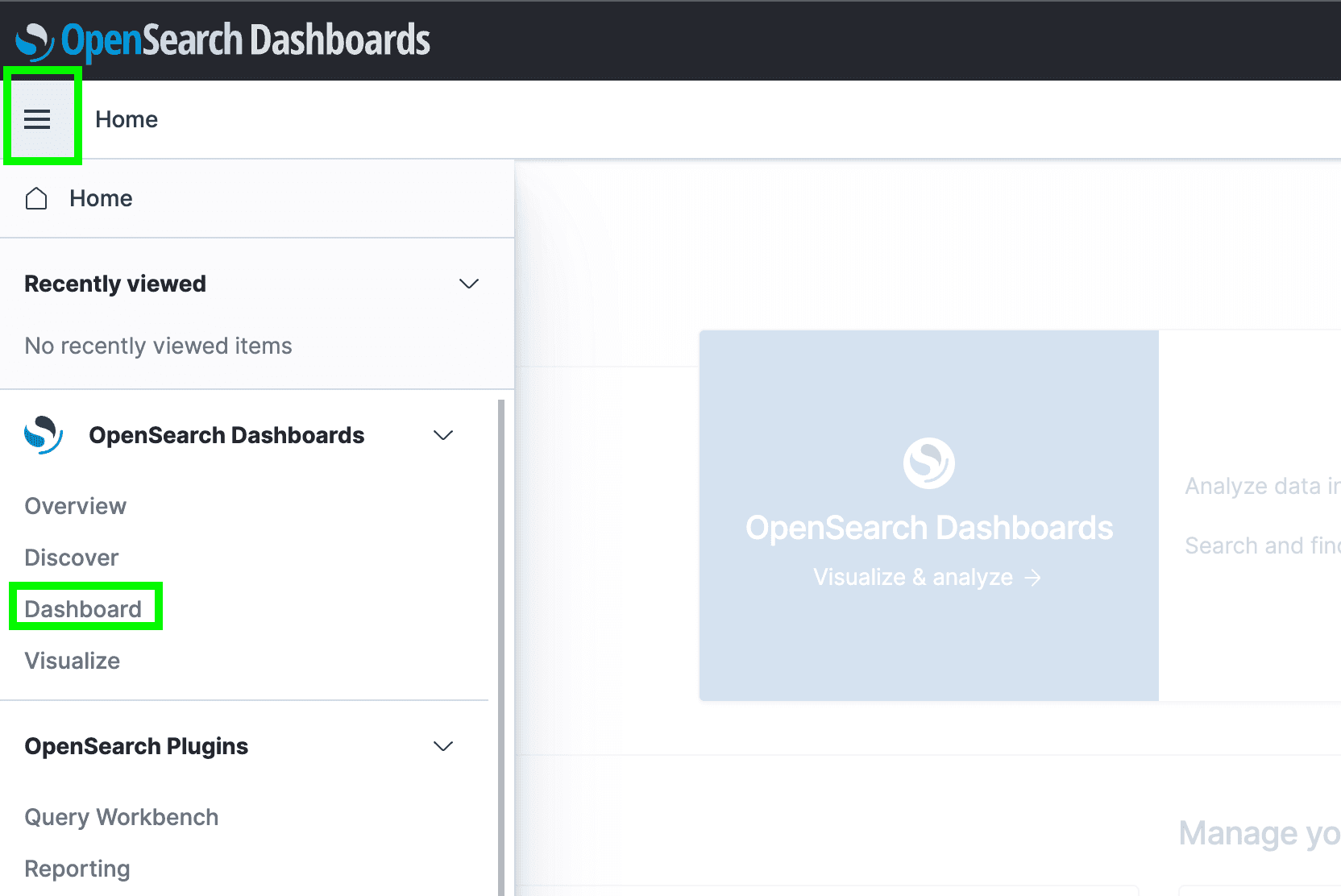 OpenSeach Dashboard with open menu on the left
