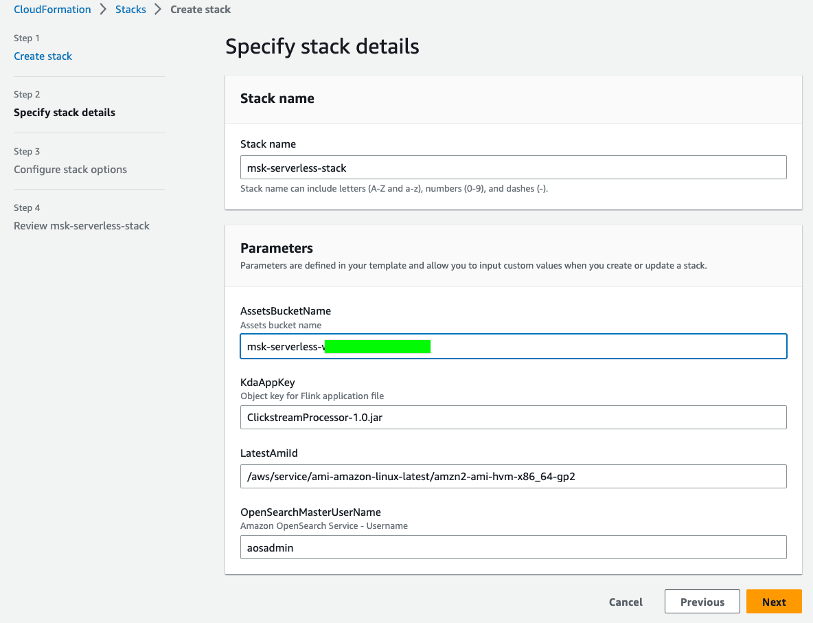 'Specify stack details' view within the CloudFormation console