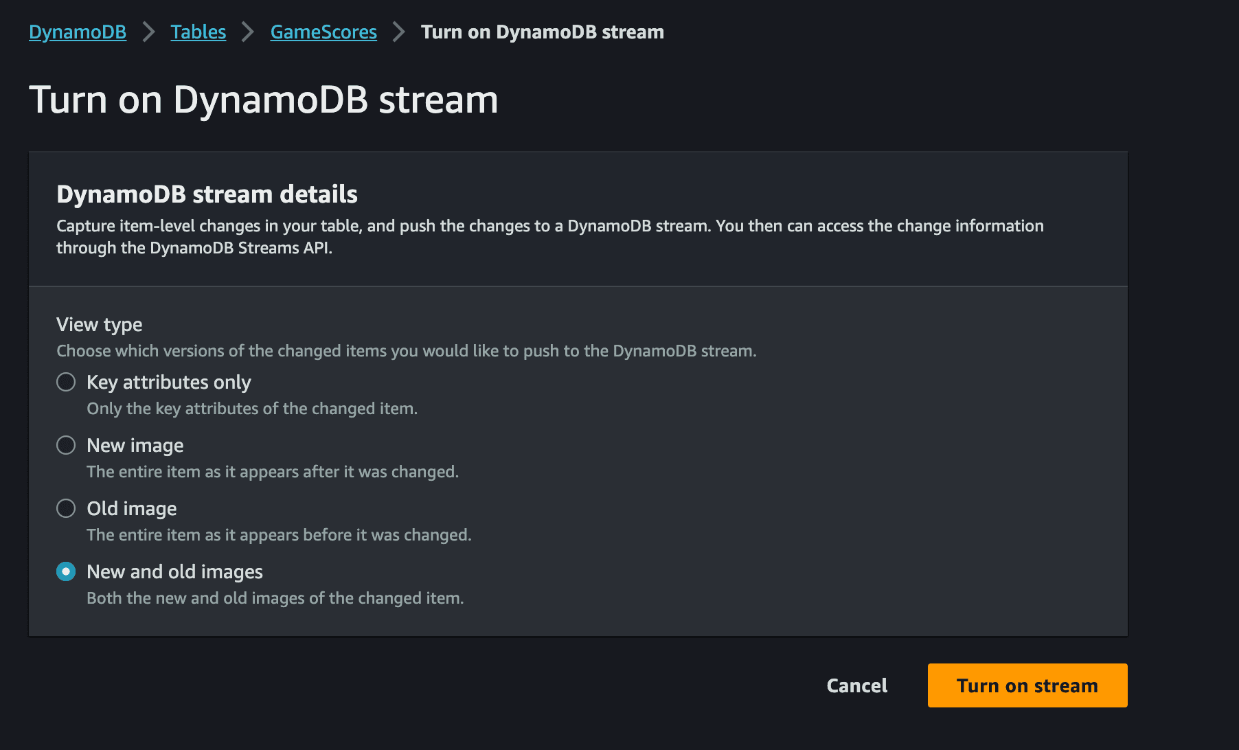 DynamoDB Streams Enable