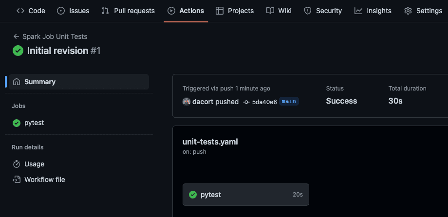 Screenshot of GitHub Action unit test running