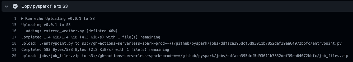Screenshot of the logs of the GitHub action uploading the pyspark job