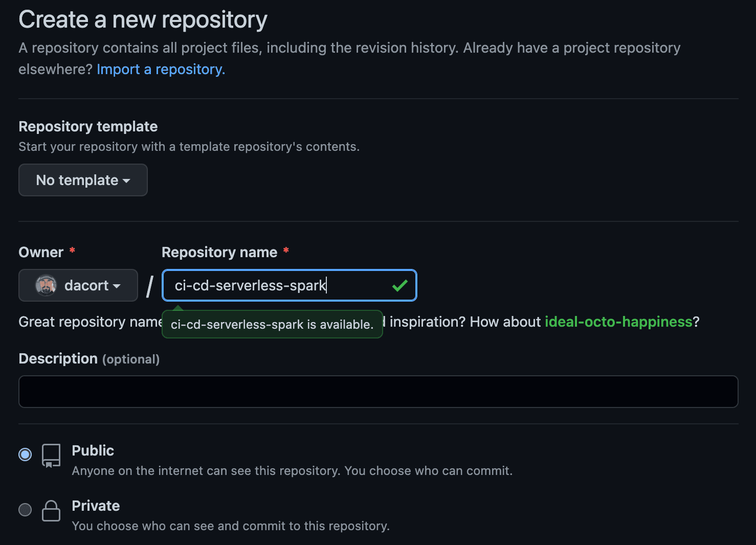 Screenshot of creating a new repository on GitHub