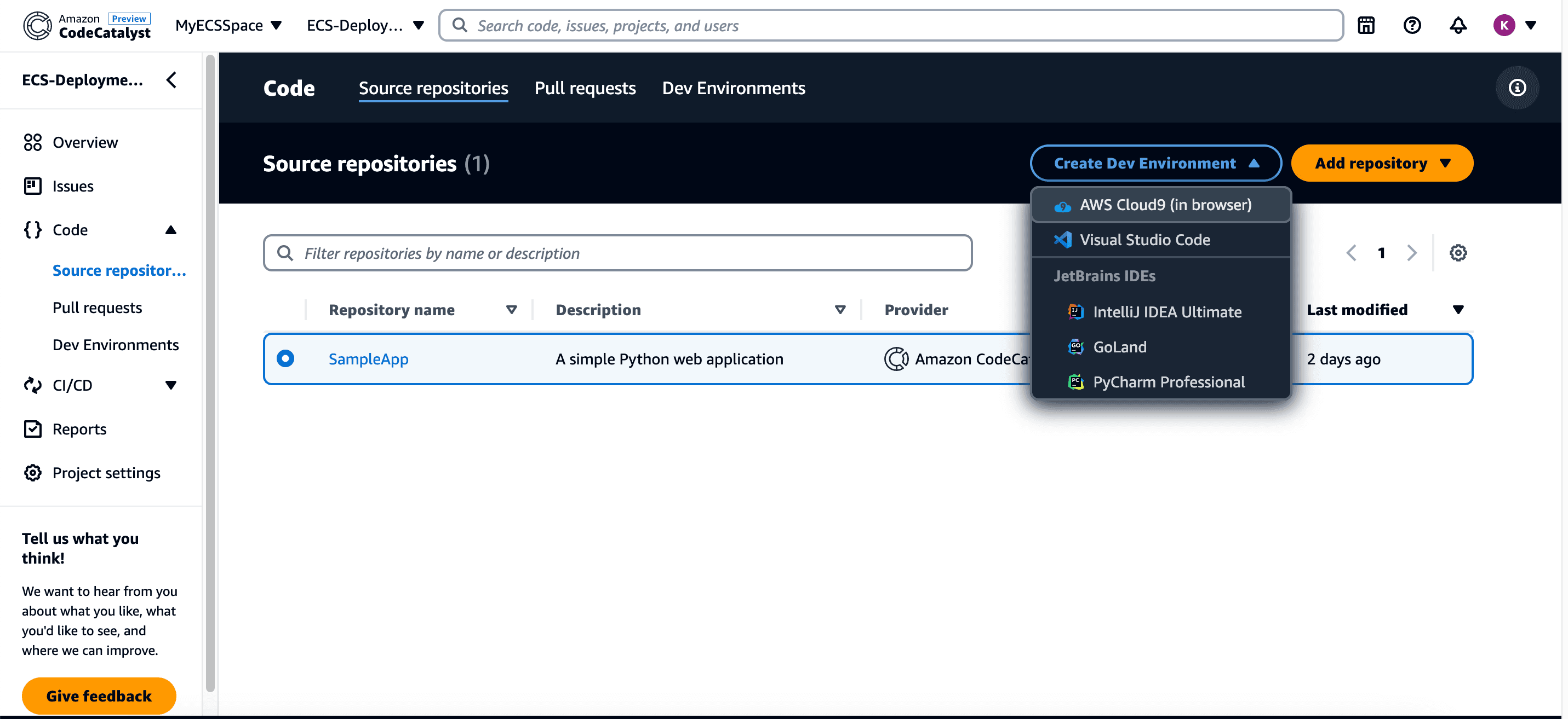 Dropdown showing how to create a CodeCatalyst Dev Environment