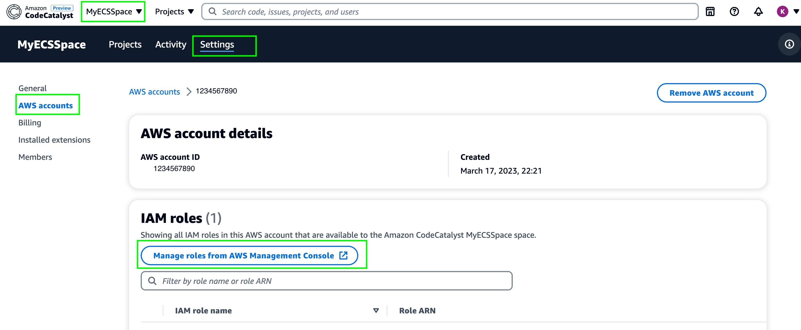 CodeCatalyst console showing where to click to add the IAM role for CodeCatalyst