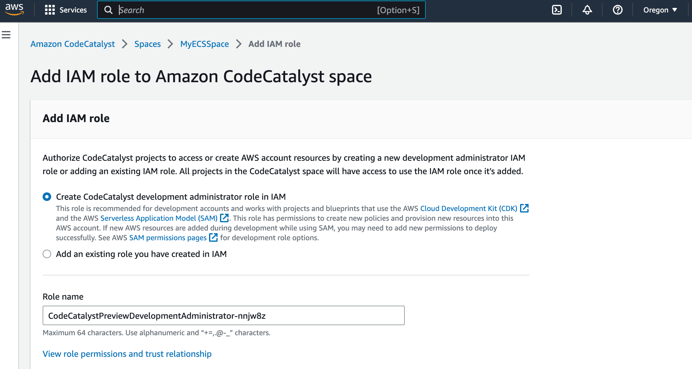 IAM console with the details of how to create the CodeCatalyst IAM role