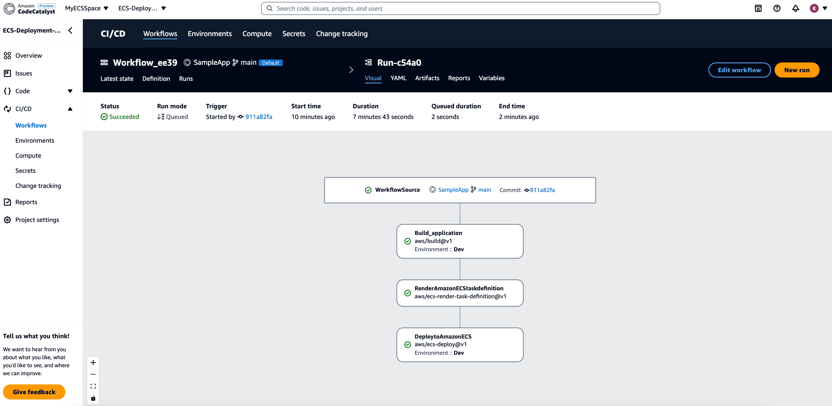 CodeCatalyst Workflow showing a successfully completed run