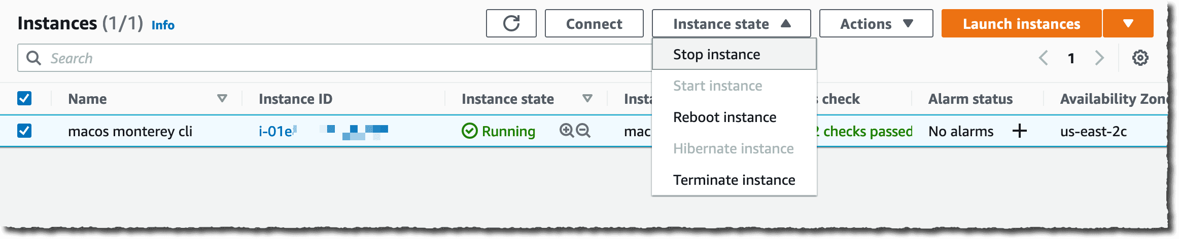 EC2 Instance state menu with stop, reboot, and terminate