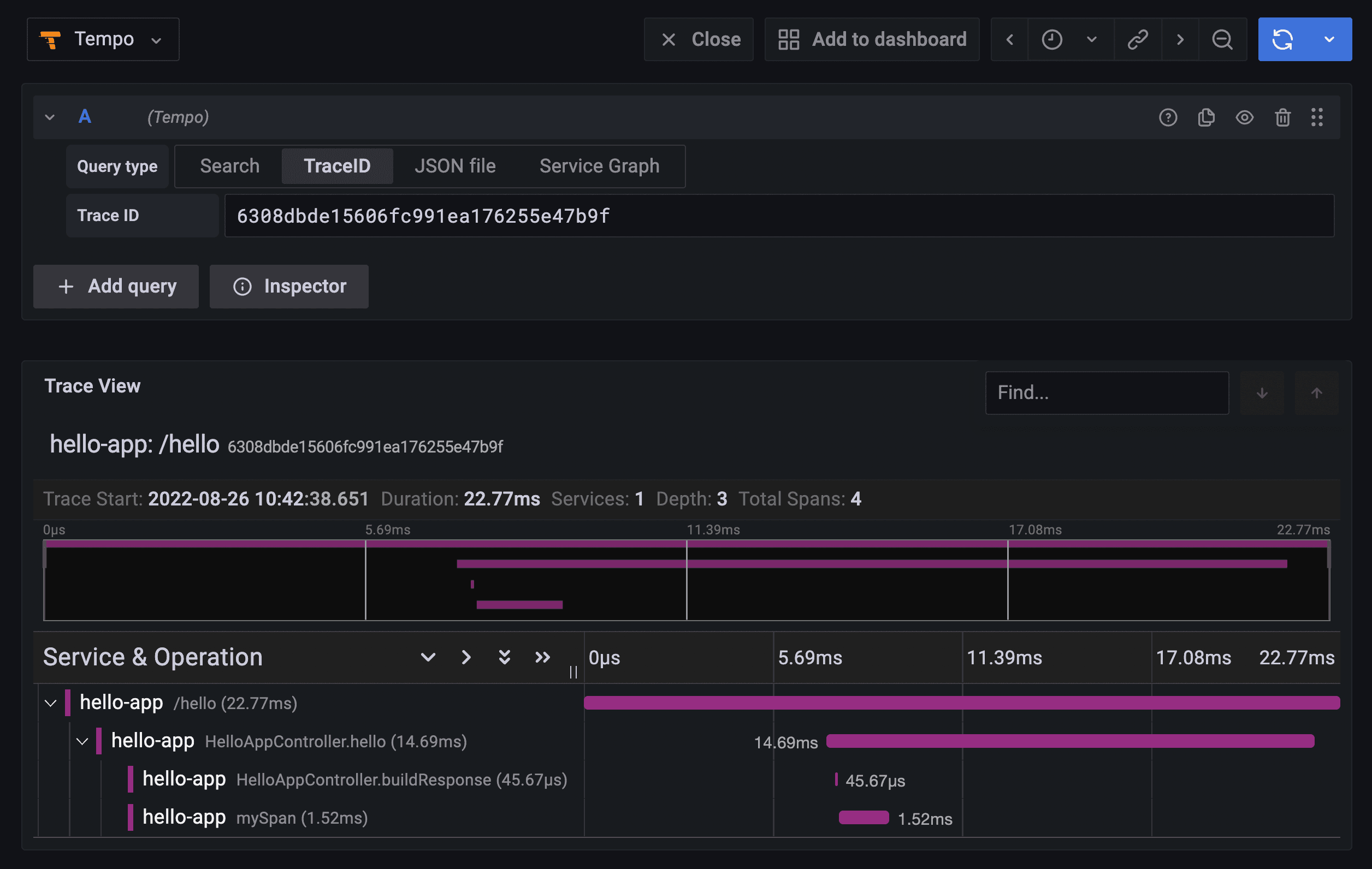 Selected trace showing details for the complete trace timeline