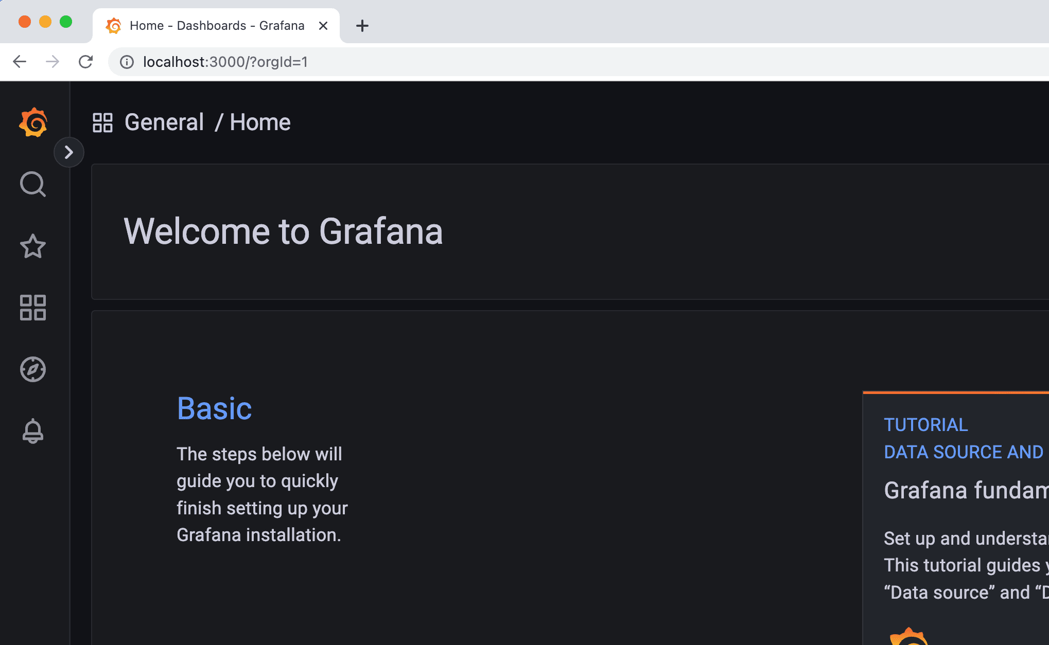 Page showing "Welcome to Grafana" and basic instructions