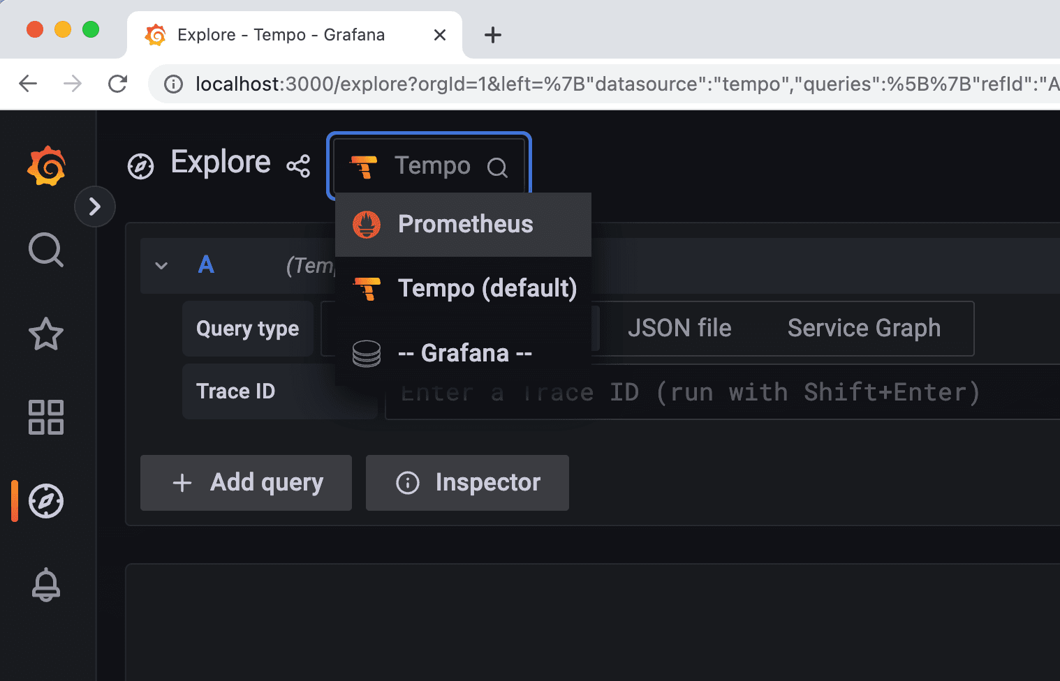 Page showing Explore option on Grafana with dropdown listing Prometheus and Grafana Tempo as data sources
