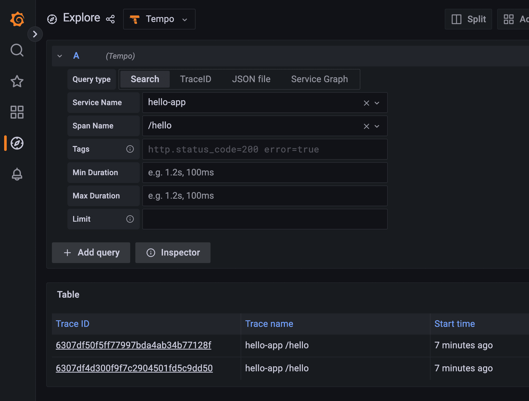 Explore page showing Grafana Tempo with your query and a table of traces