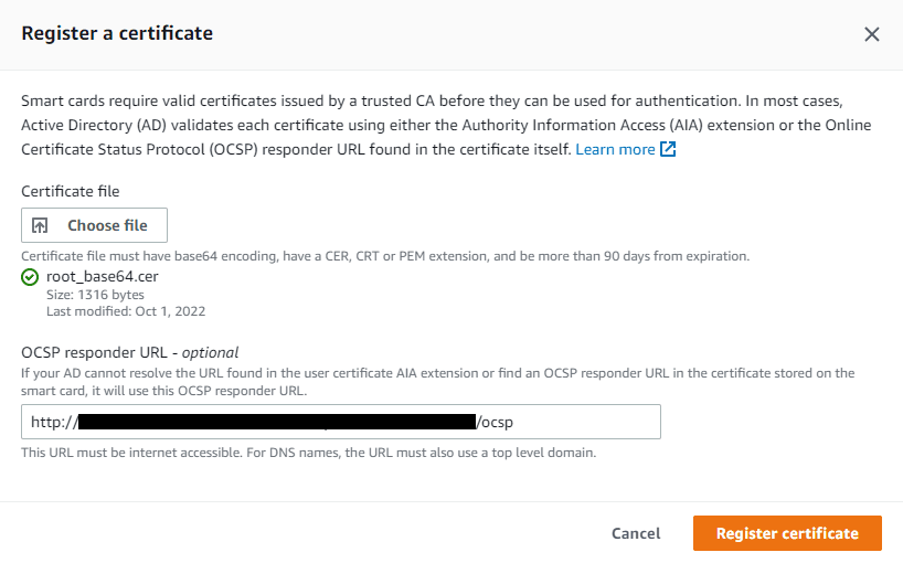 Image showing the "Register a certificate" dialog in AWS console where a sample exported root certificate was uploaded and a OCSP responder URL was added
