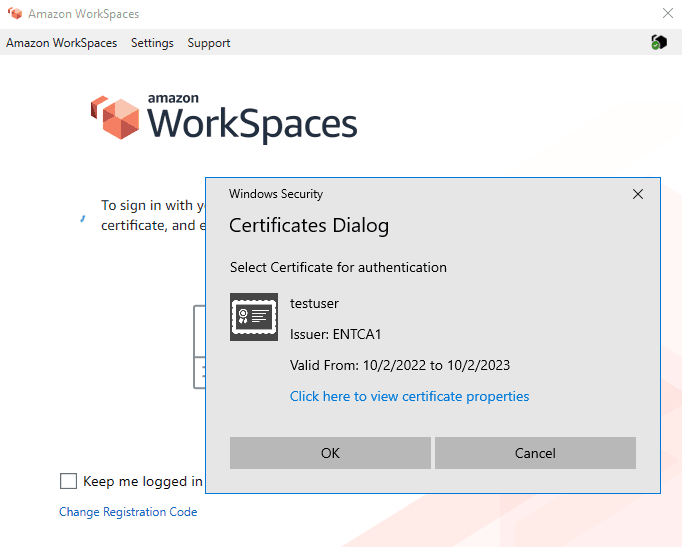Image showing the WorkSpaces Client with a Certificate Dialog prompt directing the user to select a certificate for authentication