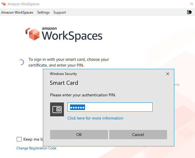 Image showing the WorkSpaces Client with a Certificate Dialog prompt directing the user to enter their authentication PIN