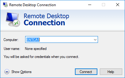 Image showing a Microsoft Remote Desktop Connection window connecting to a sample computer "ENTCA1"