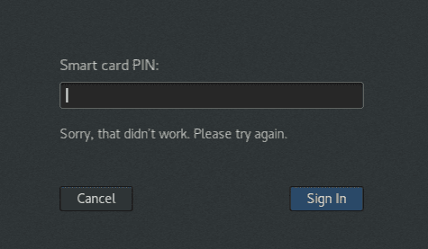 Image showing the Linux logon page returning a Sorry, that did not work Please try again. error when entering a smart card PIN
