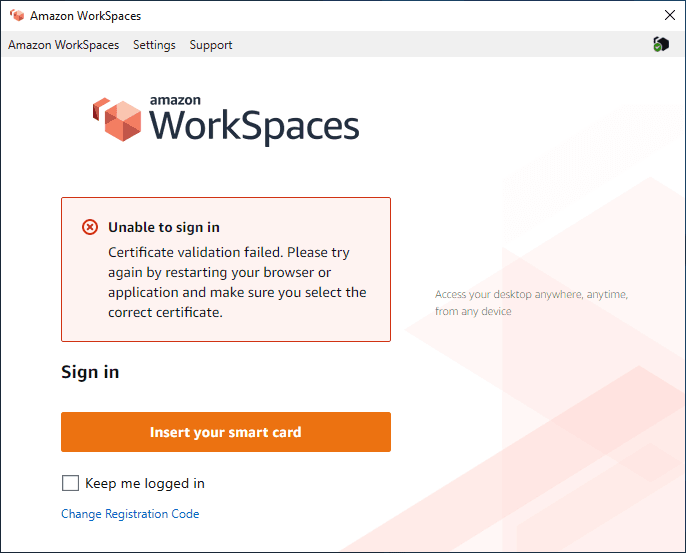 Image showing the WorkSpaces client returning a "Unable to sign in" "Certification validation failed" error