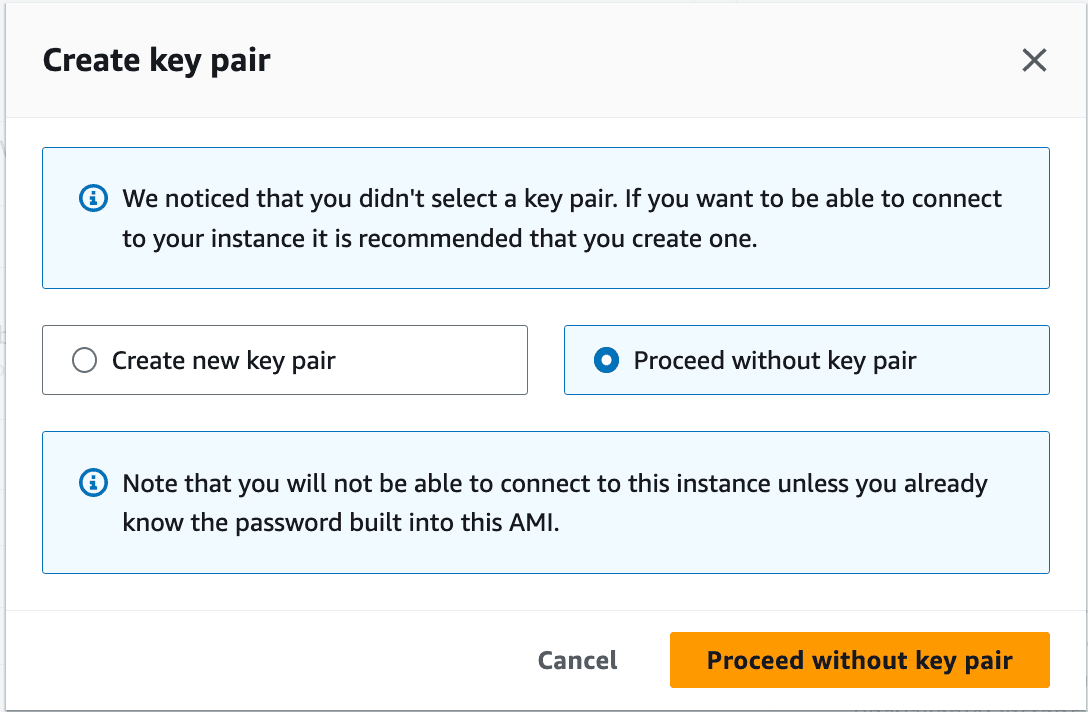 EC2 dialog asking how to configure the keypair to access the instance with "Proceed without keypair" selected