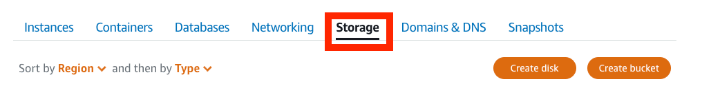 Choose Storage in the Lightsail menu