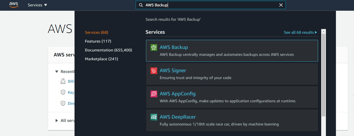 Navigate to the AWS Backup console