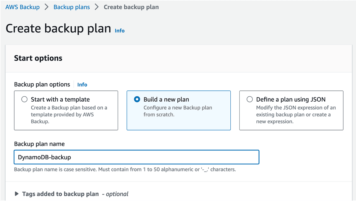Choose Build a new plan button and input new Backup Plan name