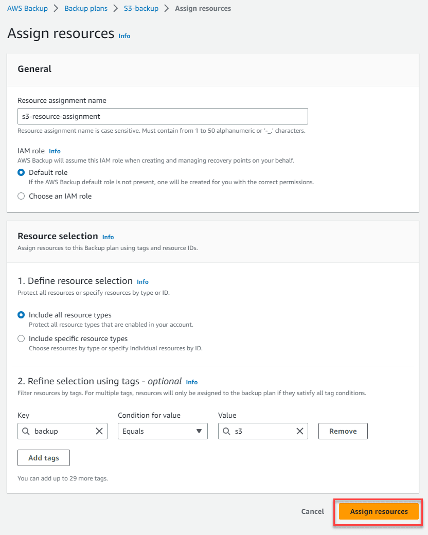 AWS Backup Plan Resource Assignment