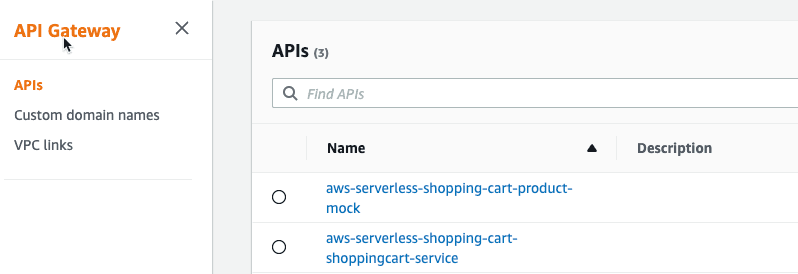 AWS API Gateway API Menu