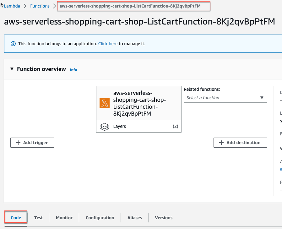 AWS Lambda Serverless Shopping Cart List Cart Function