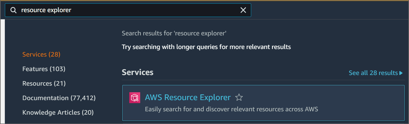 Search bar showing AWS Resource Explorer