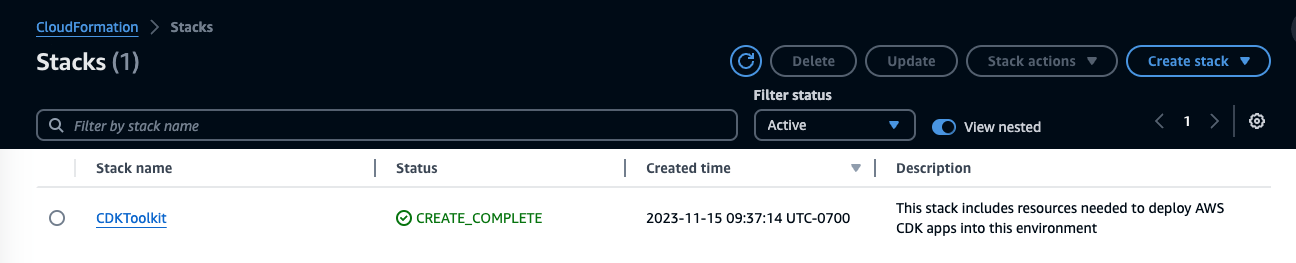 CloudFormation console displaying the bootstrap stack.