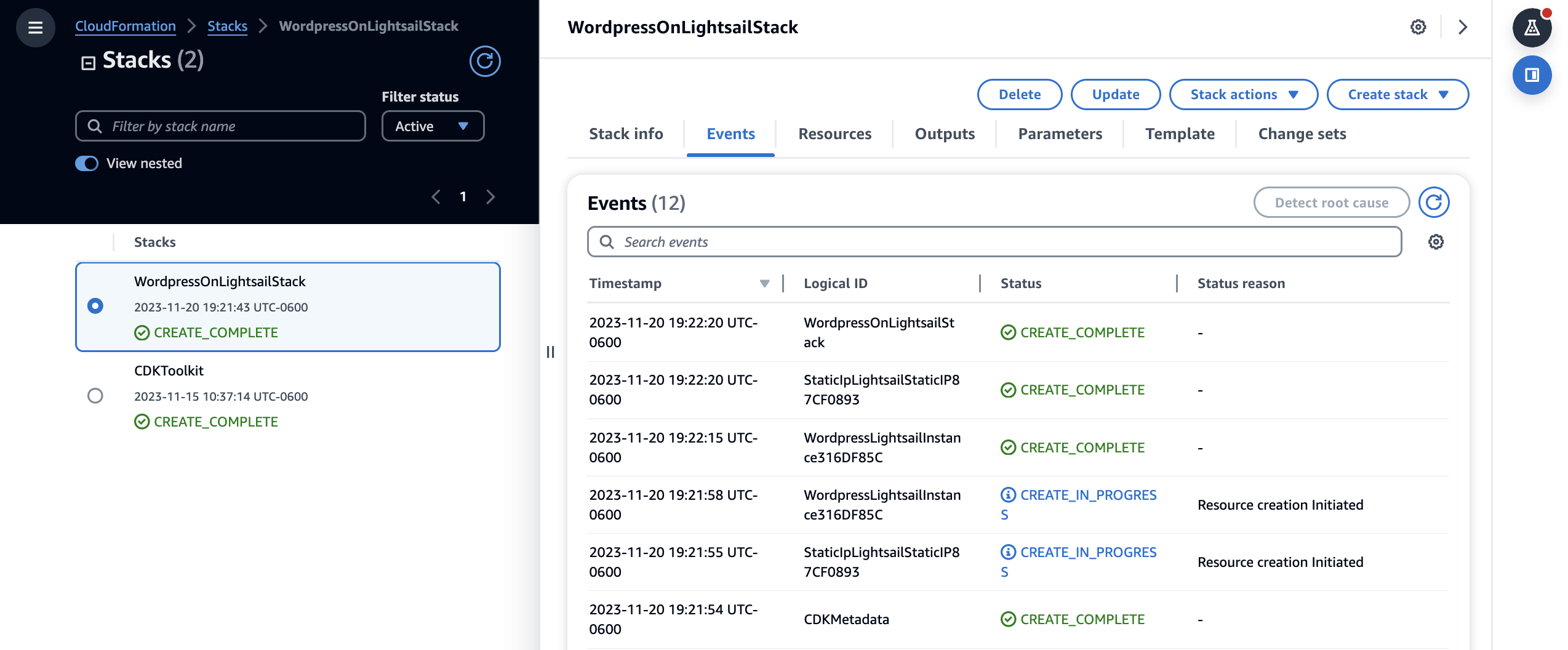 WordPress deployment in CloudFormation console