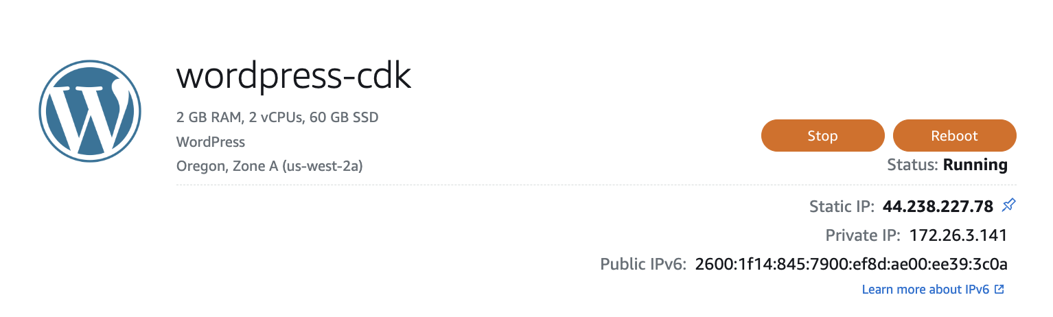 WordPress instance in Lightsail console