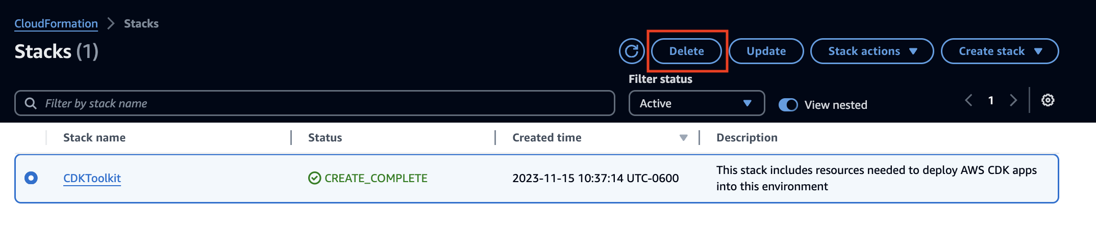Delete the CDKToolKit stack in the CloudFormation console.