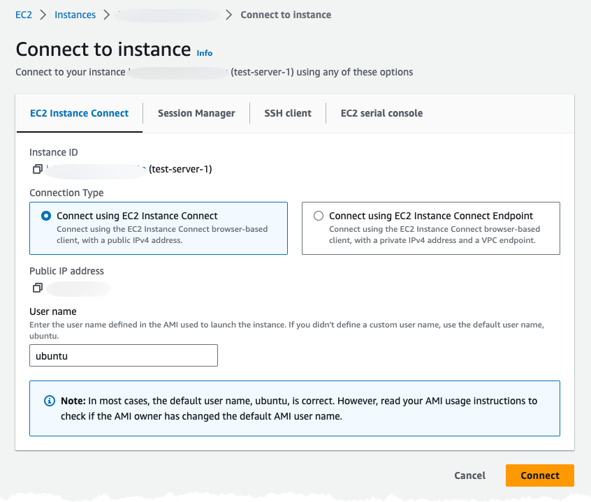 Image showing connecting to EC2 instance using instance connect.
