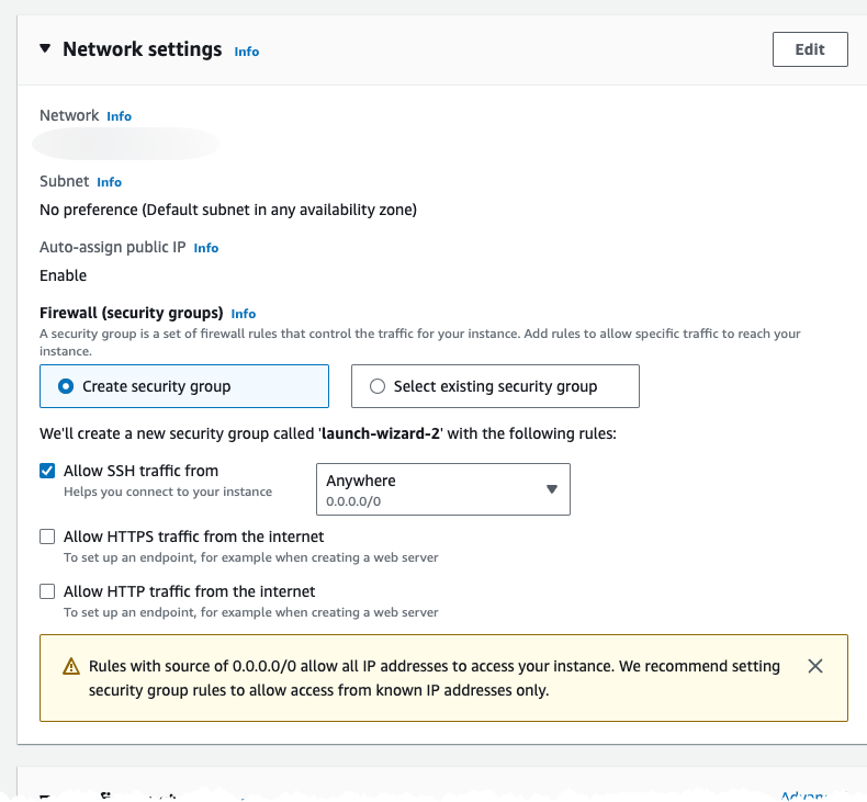 Image showing the EC2 instance network settings.