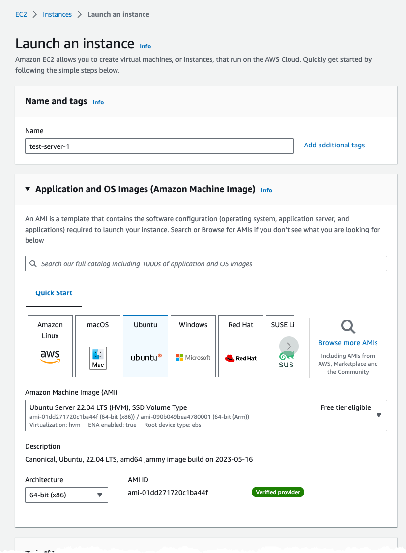 Image showing the first part of creating an EC2 instance.