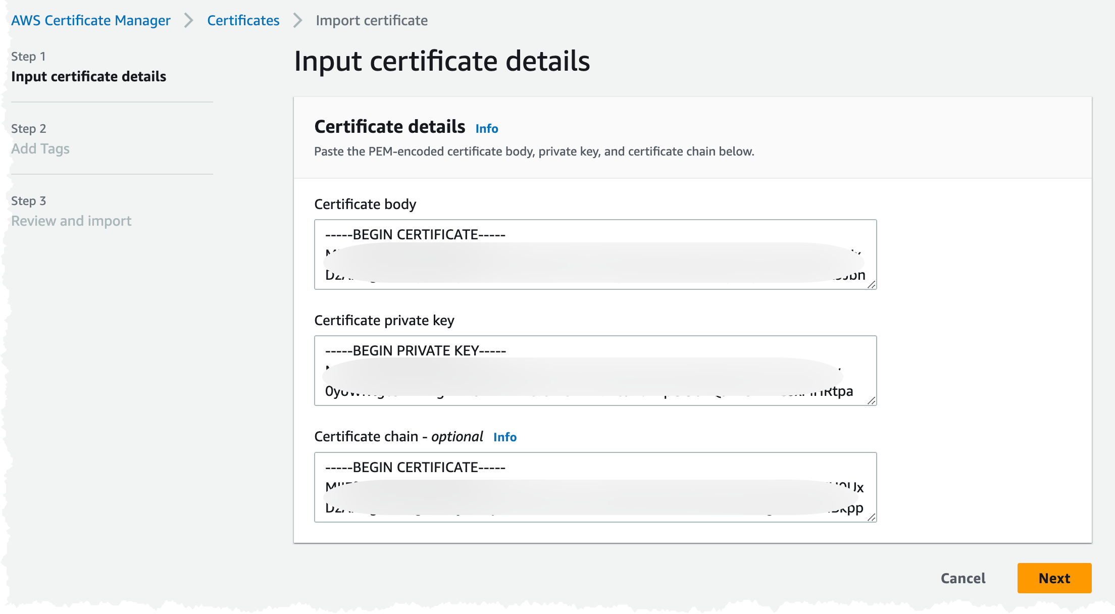 Image showing the import of server certificate to ACM.