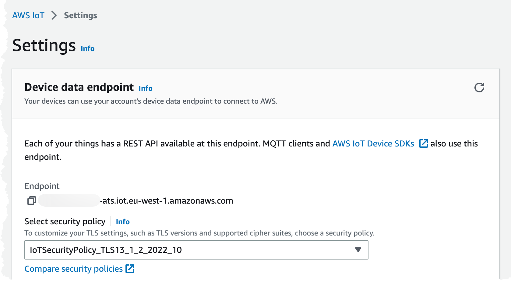 Image showing the IoT Core Endpoint setting.