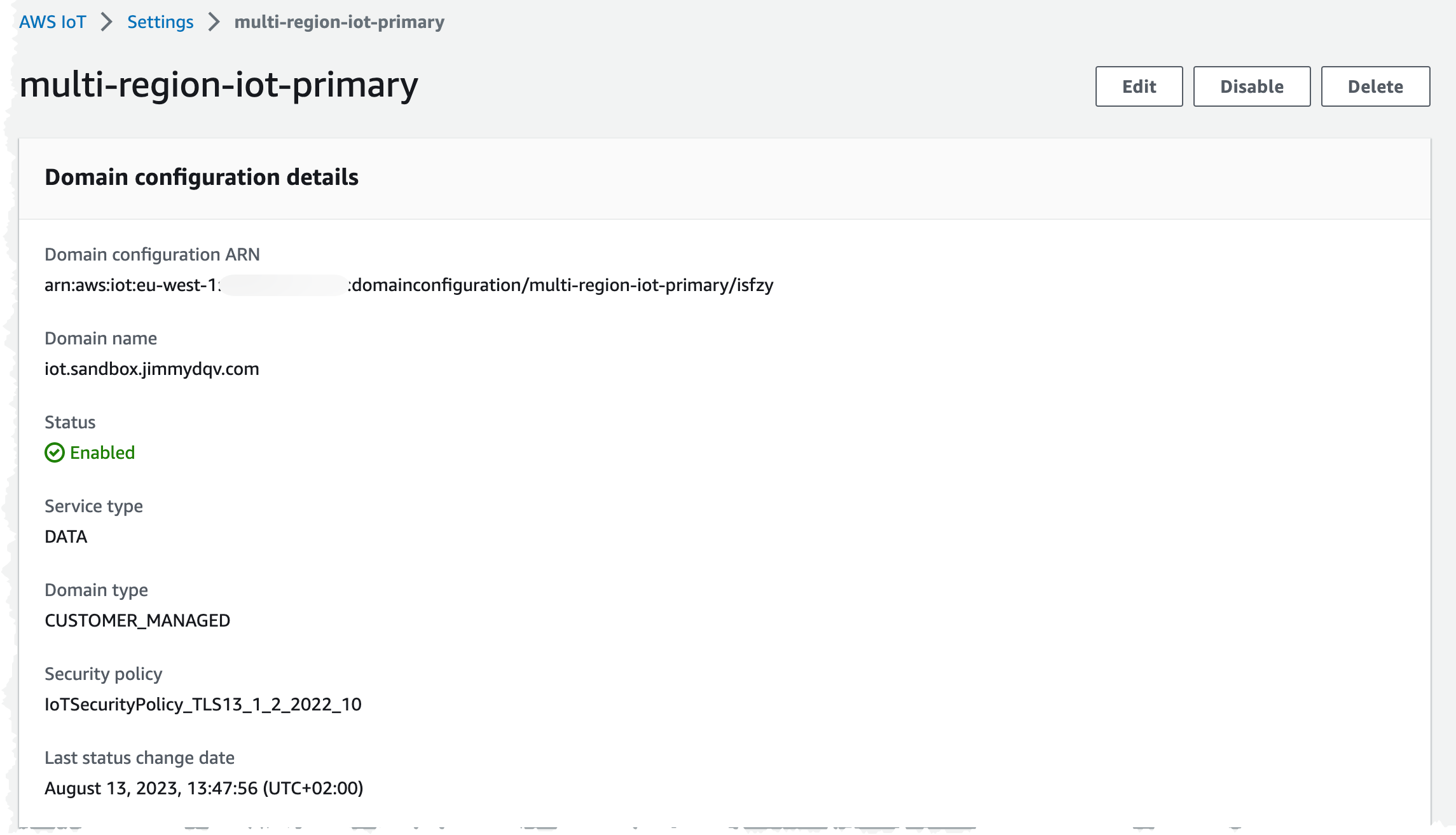 Image showing the IoT Core domain configuration details.