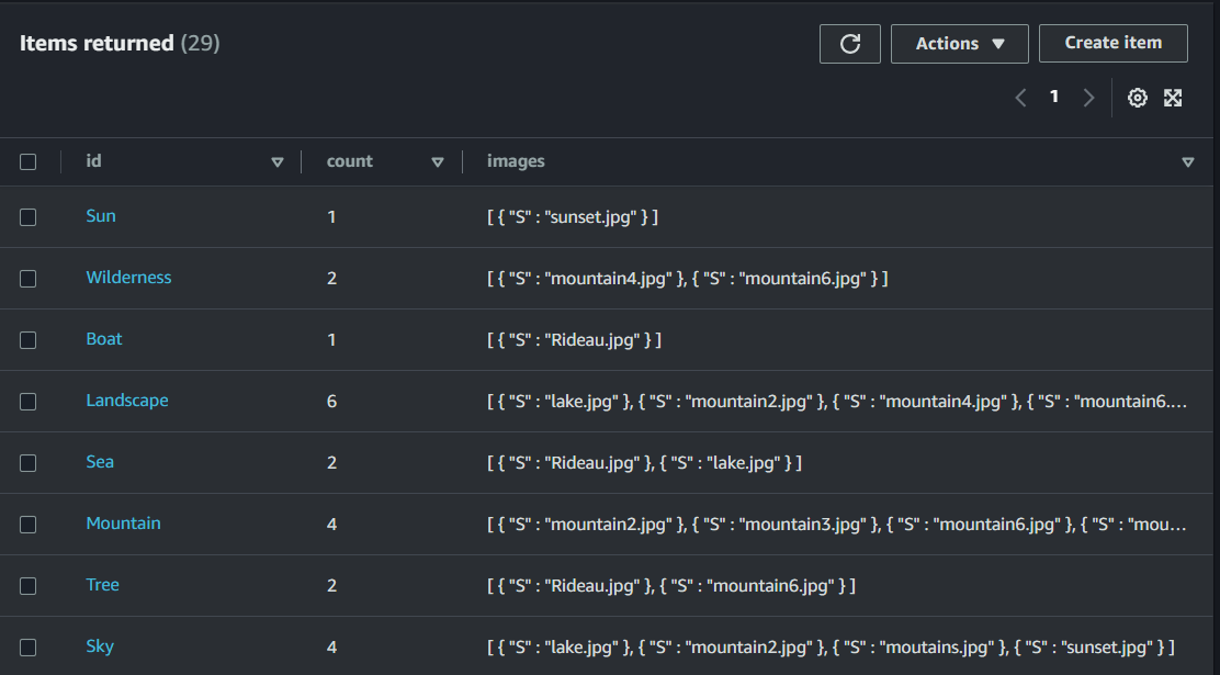 AWS Console showing entries in the DynamoDB table