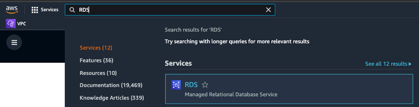 Find the RDS console using the search bar