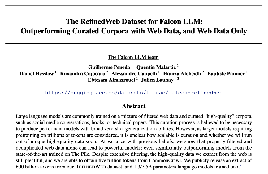 The RefinedWeb Dataset for Falcon LLM