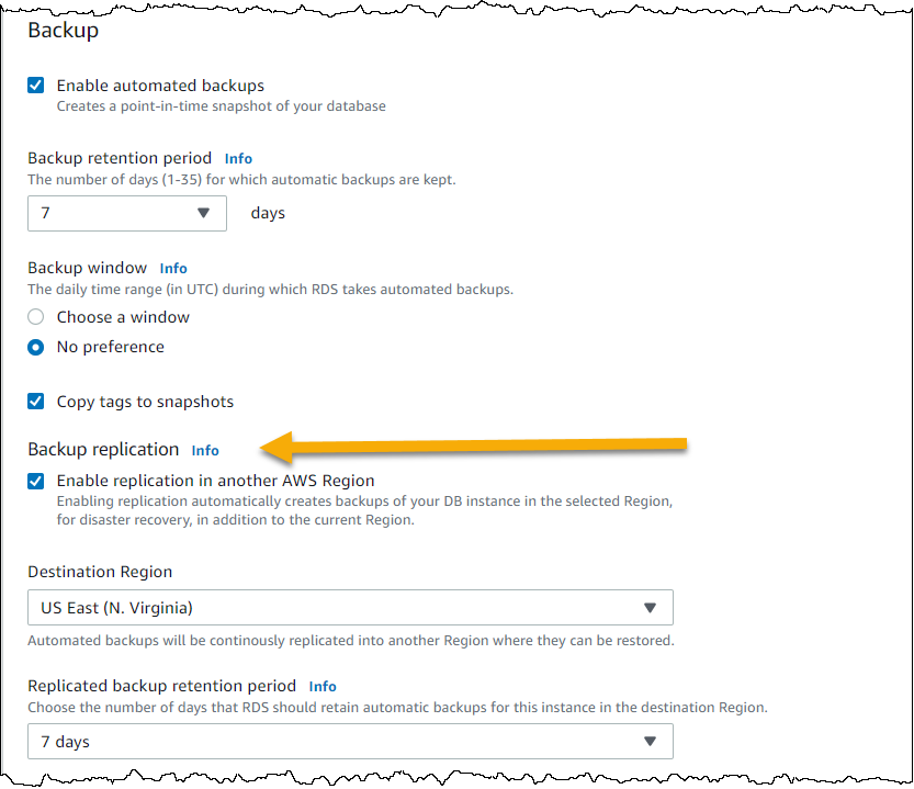 Figure 5. Configuring backup replication to another Region during DB creation Configuring backup replication to another Region during DB creation