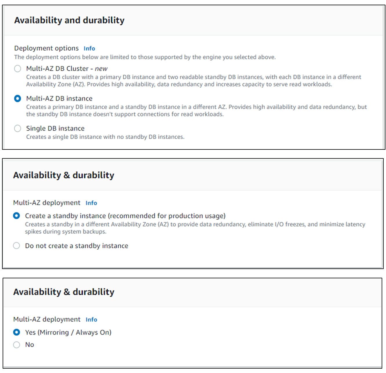 Figure 2. Availability and durability options for Amazon RDS Availability and durability options for Amazon RDS